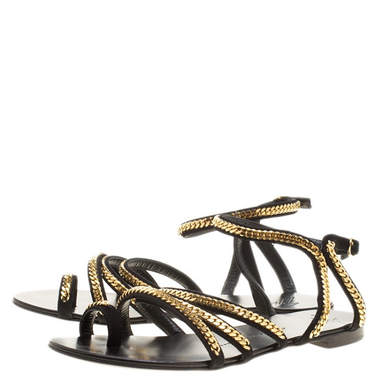 Pre Owned Giuseppe Zanotti Black Suede Gold Chain Detail Flat Sandals Size 38