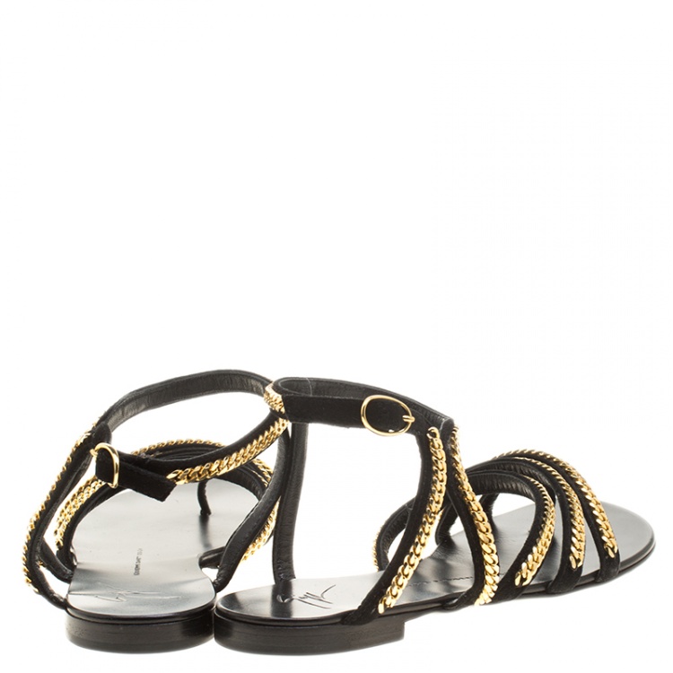 Pre Owned Giuseppe Zanotti Black Suede Gold Chain Detail Flat Sandals Size 38