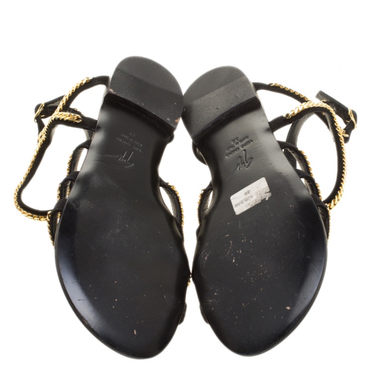 Pre Owned Giuseppe Zanotti Black Suede Gold Chain Detail Flat Sandals Size 38