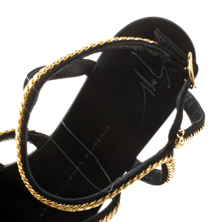 Pre Owned Giuseppe Zanotti Black Suede Gold Chain Detail Flat Sandals Size 38