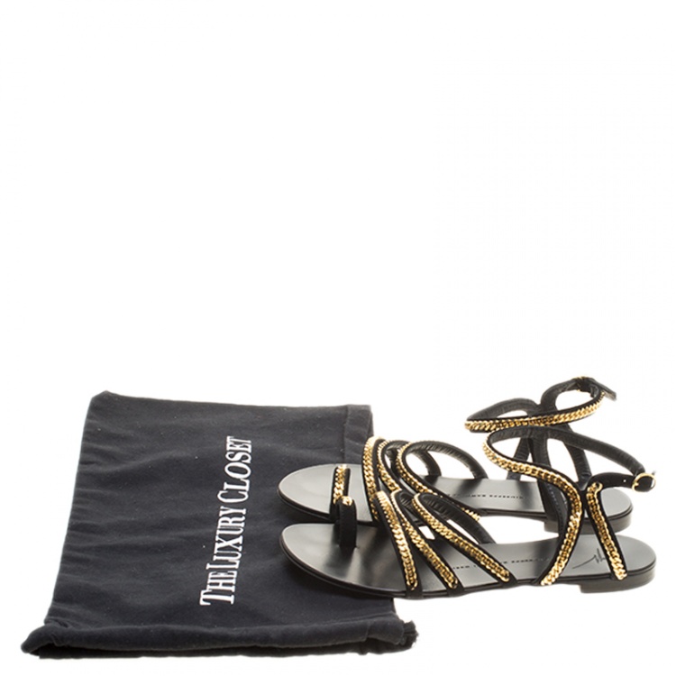 Pre Owned Giuseppe Zanotti Black Suede Gold Chain Detail Flat Sandals Size 38