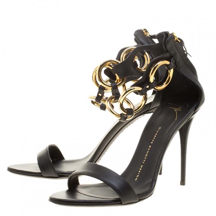 Pre Owned Giuseppe Zanotti Black Leather Ring Detail Open Toe Sandals Size 38