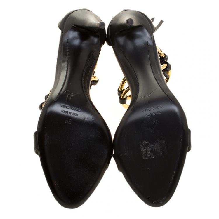 Pre Owned Giuseppe Zanotti Black Leather Ring Detail Open Toe Sandals Size 38