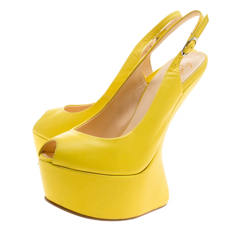 Pre Owned Giuseppe Zanotti Yellow Leather Slingback Heel Less Platform Sandals Size 35
