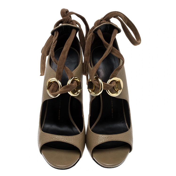 Pre Owned Giuseppe Zanotti Beige Leather Alien Open Toe Ankle Tie Up Sandals Size 39.5