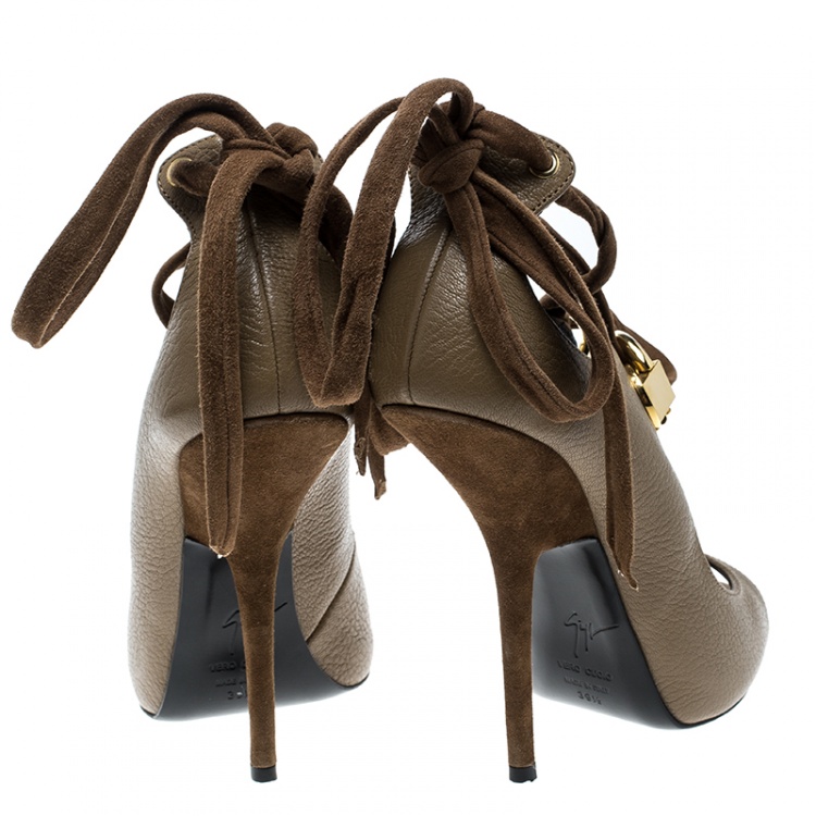 Pre Owned Giuseppe Zanotti Beige Leather Alien Open Toe Ankle Tie Up Sandals Size 39.5