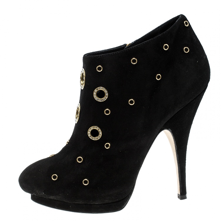 مملوكة مسبقًا Giuseppe Zanotti Black Suede Grommet Crystal Eyelet Embellished Platform Booties Size 39