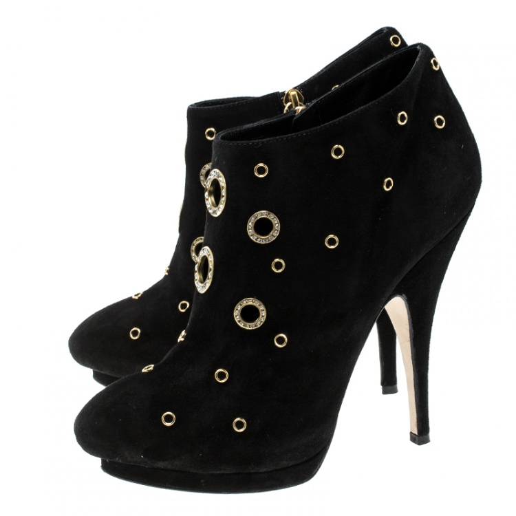مملوكة مسبقًا Giuseppe Zanotti Black Suede Grommet Crystal Eyelet Embellished Platform Booties Size 39