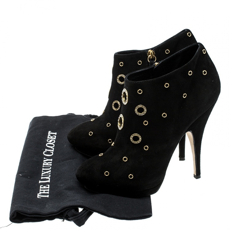 مملوكة مسبقًا Giuseppe Zanotti Black Suede Grommet Crystal Eyelet Embellished Platform Booties Size 39