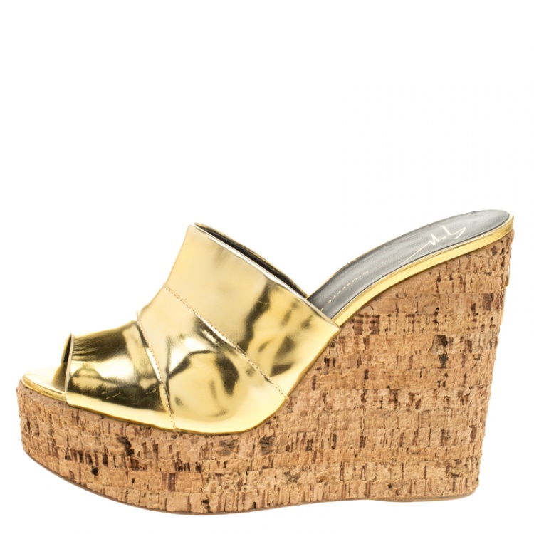 Giuseppe Zanotti Metallic Gold Leather Cork Wedge Slides Size 40