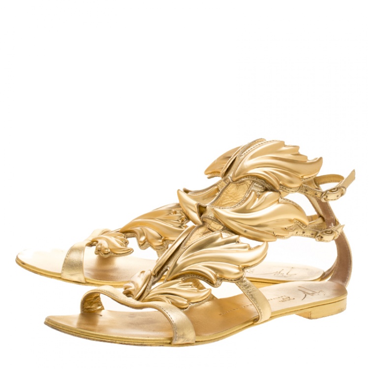 Pre Owned Giuseppe Zanotti 20th Anniversary Jewel Edition Metallic Gold Leather Cruel Summer Wing Flat Sandals Size 39