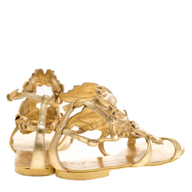 Pre Owned Giuseppe Zanotti 20th Anniversary Jewel Edition Metallic Gold Leather Cruel Summer Wing Flat Sandals Size 39