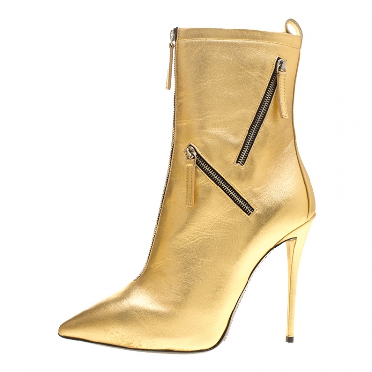 مملوكة مسبقًا Giuseppe Zanotti Metallic Gold Leather Multi Zip Detail Pointed Boots Size 37.5