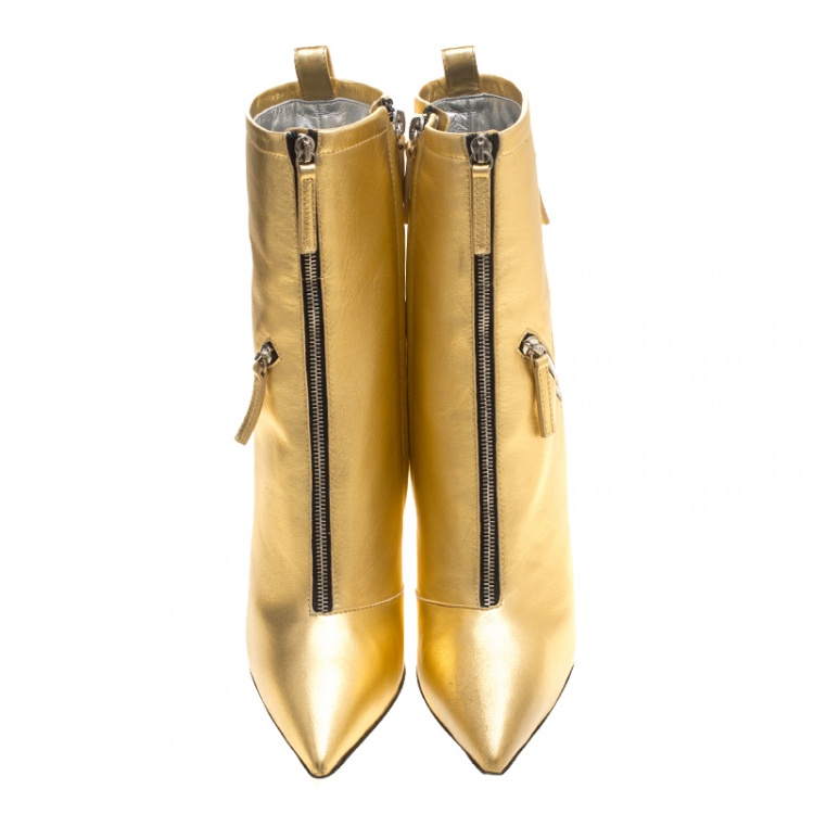 مملوكة مسبقًا Giuseppe Zanotti Metallic Gold Leather Multi Zip Detail Pointed Boots Size 37.5
