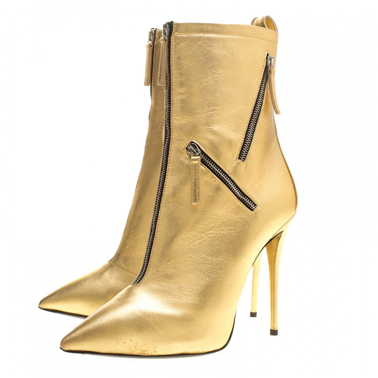 مملوكة مسبقًا Giuseppe Zanotti Metallic Gold Leather Multi Zip Detail Pointed Boots Size 37.5