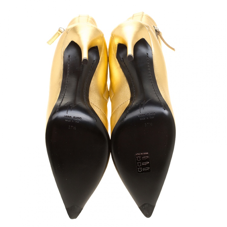 مملوكة مسبقًا Giuseppe Zanotti Metallic Gold Leather Multi Zip Detail Pointed Boots Size 37.5