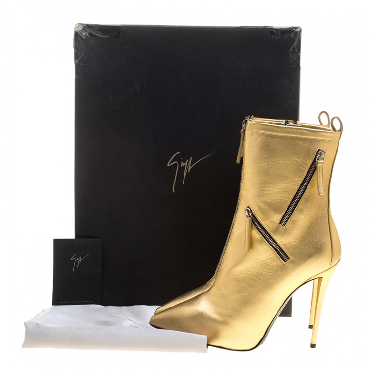 مملوكة مسبقًا Giuseppe Zanotti Metallic Gold Leather Multi Zip Detail Pointed Boots Size 37.5