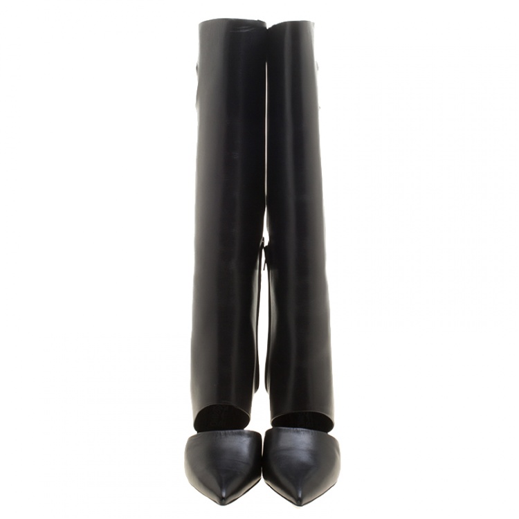 Pre Owned Salvatore Ferragamo Black Cutout Leather Eyelet Knee Boots Size 41.5