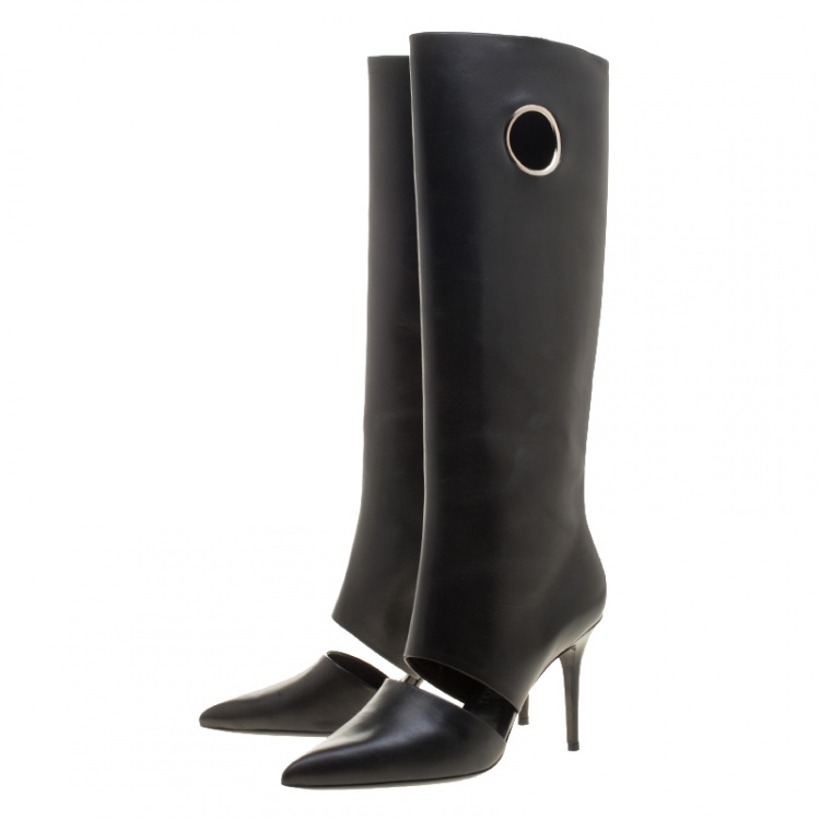 Pre Owned Salvatore Ferragamo Black Cutout Leather Eyelet Knee Boots Size 41.5