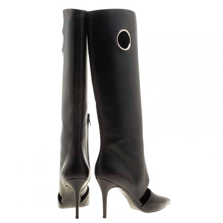 Pre Owned Salvatore Ferragamo Black Cutout Leather Eyelet Knee Boots Size 41.5