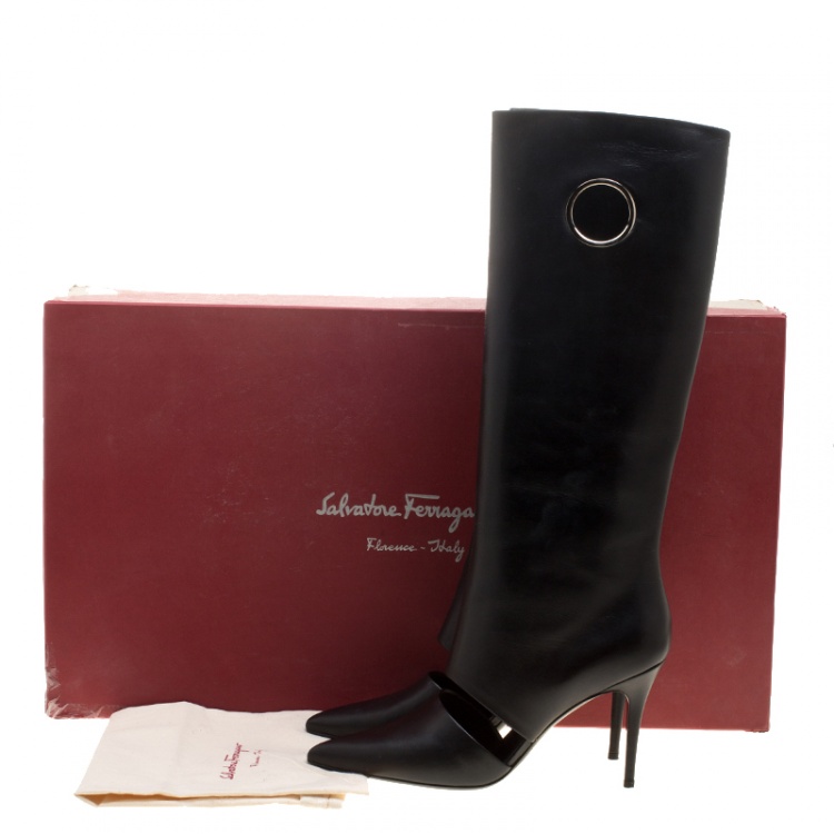 Pre Owned Salvatore Ferragamo Black Cutout Leather Eyelet Knee Boots Size 41.5