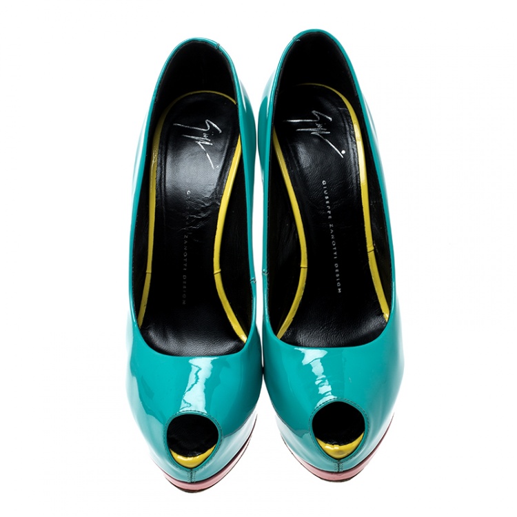 مملوكة مسبقًا Giuseppe Zanotti Tricolor Patent Leather Peep Toe Platform Pumps Size 40.5