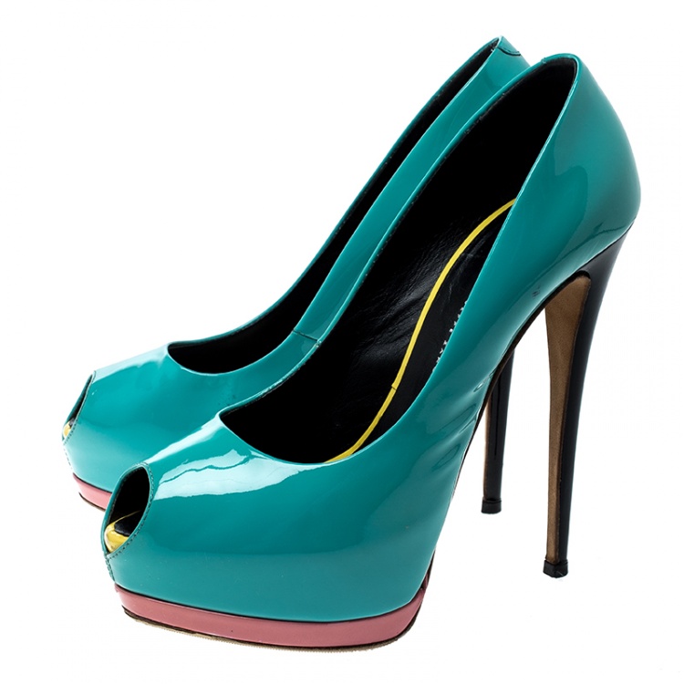 مملوكة مسبقًا Giuseppe Zanotti Tricolor Patent Leather Peep Toe Platform Pumps Size 40.5