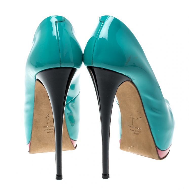 مملوكة مسبقًا Giuseppe Zanotti Tricolor Patent Leather Peep Toe Platform Pumps Size 40.5