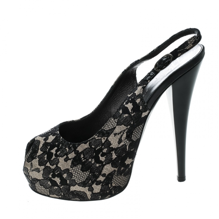 Pre Owned Giuseppe Zanotti Black Lace Peep Toe Slingback Sandals Size 37