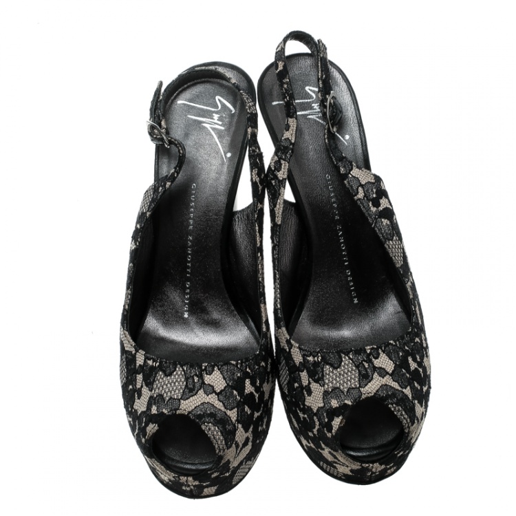 Pre Owned Giuseppe Zanotti Black Lace Peep Toe Slingback Sandals Size 37