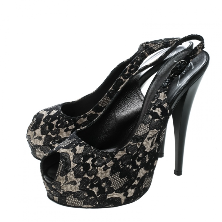 Pre Owned Giuseppe Zanotti Black Lace Peep Toe Slingback Sandals Size 37