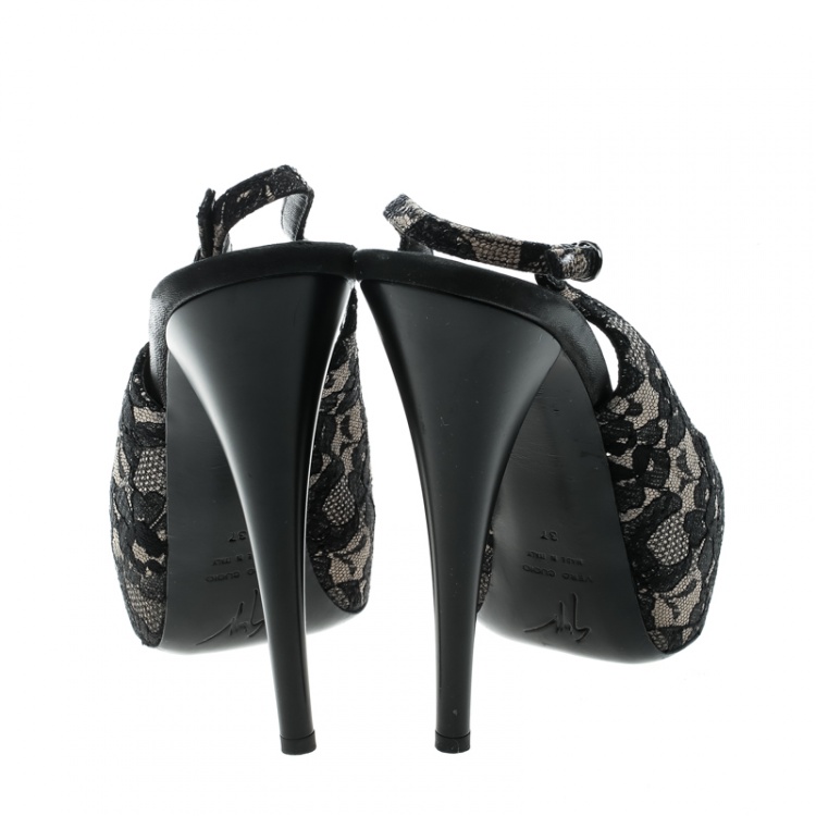 Pre Owned Giuseppe Zanotti Black Lace Peep Toe Slingback Sandals Size 37