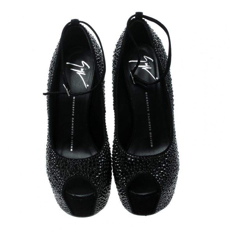Pre Owned Giuseppe Zanotti Black Suede Swarovski Crystal Embellished Slingback Heel Less Platform Sandals Size 37.5