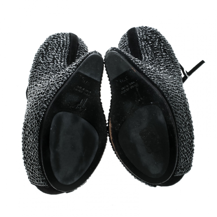 Pre Owned Giuseppe Zanotti Black Suede Swarovski Crystal Embellished Slingback Heel Less Platform Sandals Size 37.5