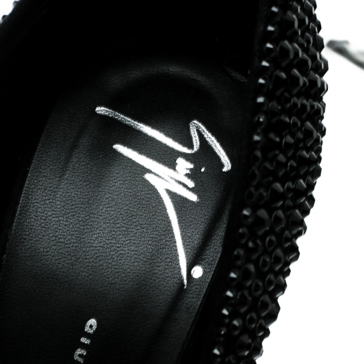 Pre Owned Giuseppe Zanotti Black Suede Swarovski Crystal Embellished Slingback Heel Less Platform Sandals Size 37.5