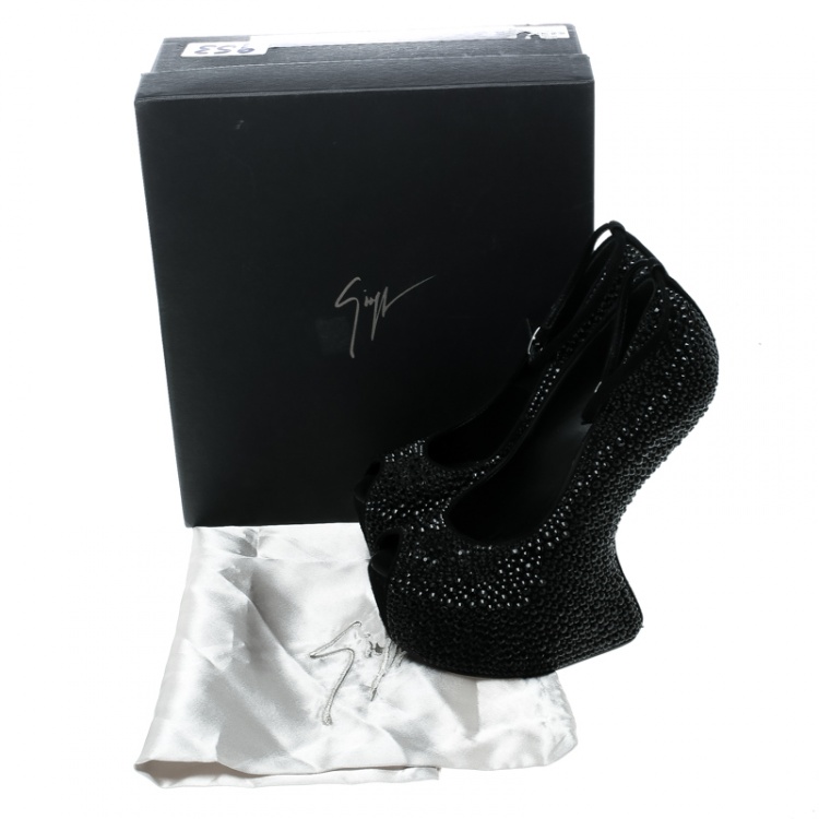 Pre Owned Giuseppe Zanotti Black Suede Swarovski Crystal Embellished Slingback Heel Less Platform Sandals Size 37.5