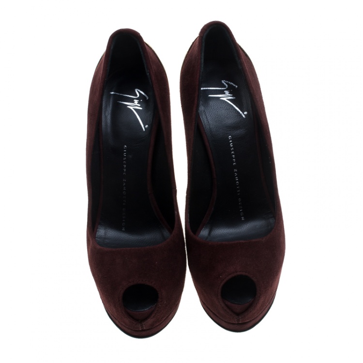 Pre Owned Giuseppe Zanotti Burgundy Suede Peep Toe Platform Pumps Size 36