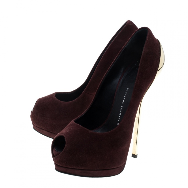 Pre Owned Giuseppe Zanotti Burgundy Suede Peep Toe Platform Pumps Size 36