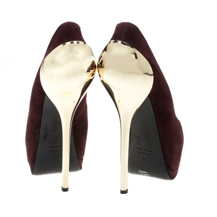 Pre Owned Giuseppe Zanotti Burgundy Suede Peep Toe Platform Pumps Size 36