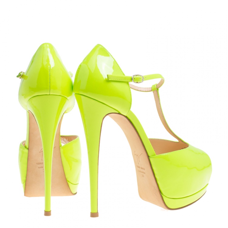 Pre Owned Giuseppe Zanotti Neon Green Patent Leather T-Strap Platform Peep Toe Sandals Size 38