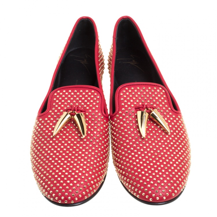 Pre Owned Giuseppe Zanotti Red Studded Leather Lucia Shark Tooth Smoking Slippers Size 41