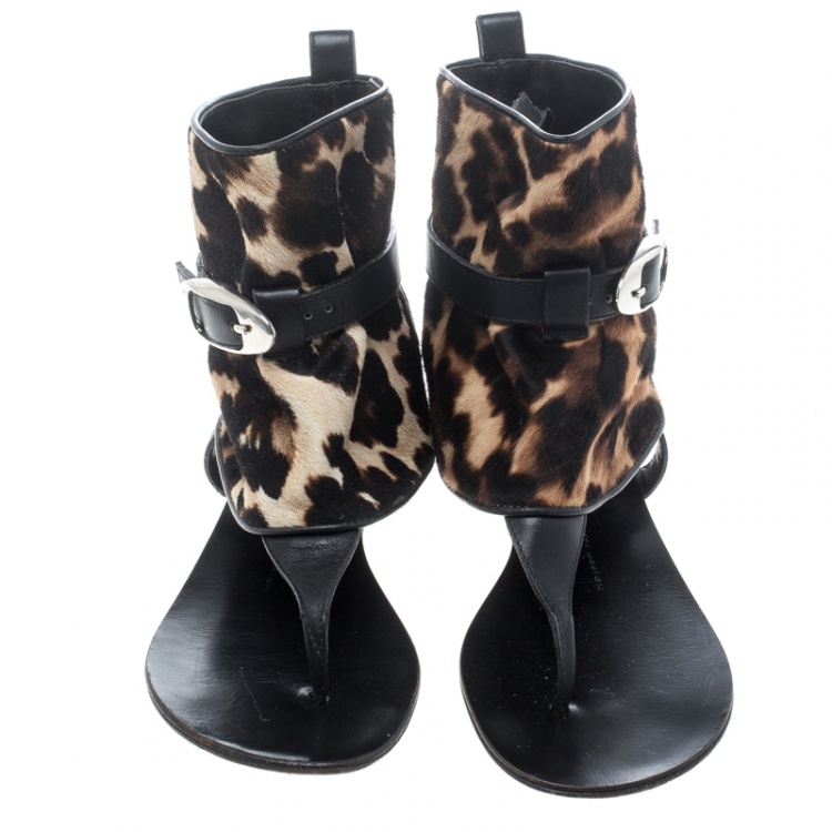 Pre Owned Giuseppe Zanotti Black Leather and Leopard Print Hair On Buckle Detail Flat Sandals Size 37