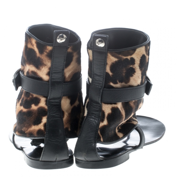 Pre Owned Giuseppe Zanotti Black Leather and Leopard Print Hair On Buckle Detail Flat Sandals Size 37