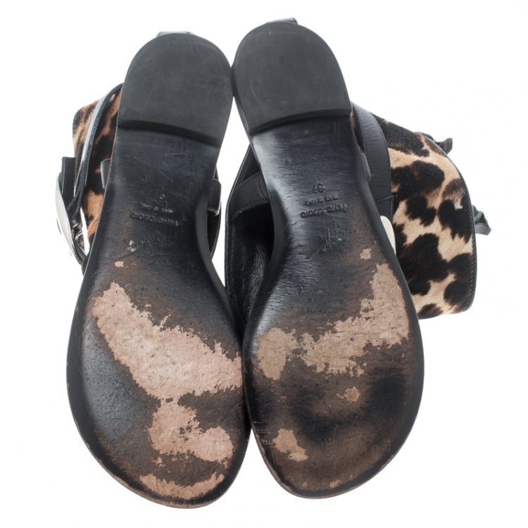 Pre Owned Giuseppe Zanotti Black Leather and Leopard Print Hair On Buckle Detail Flat Sandals Size 37