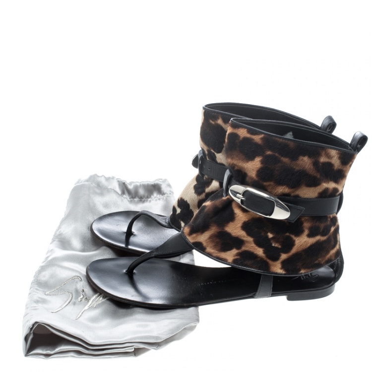 Pre Owned Giuseppe Zanotti Black Leather and Leopard Print Hair On Buckle Detail Flat Sandals Size 37