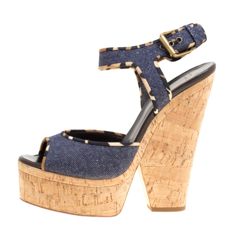 Pre Owned Giuseppe Zanotti Dark Wash Denim Cork Heel Platform Wedge Sandals Size 40