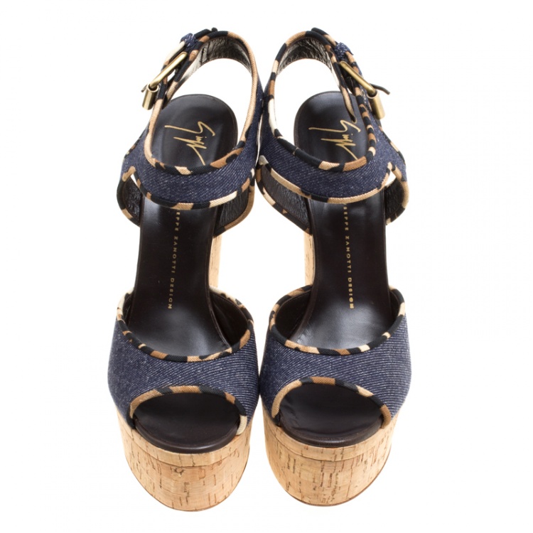 Pre Owned Giuseppe Zanotti Dark Wash Denim Cork Heel Platform Wedge Sandals Size 40