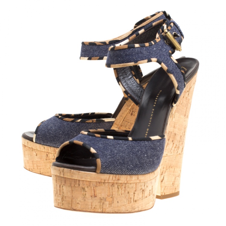 Pre Owned Giuseppe Zanotti Dark Wash Denim Cork Heel Platform Wedge Sandals Size 40