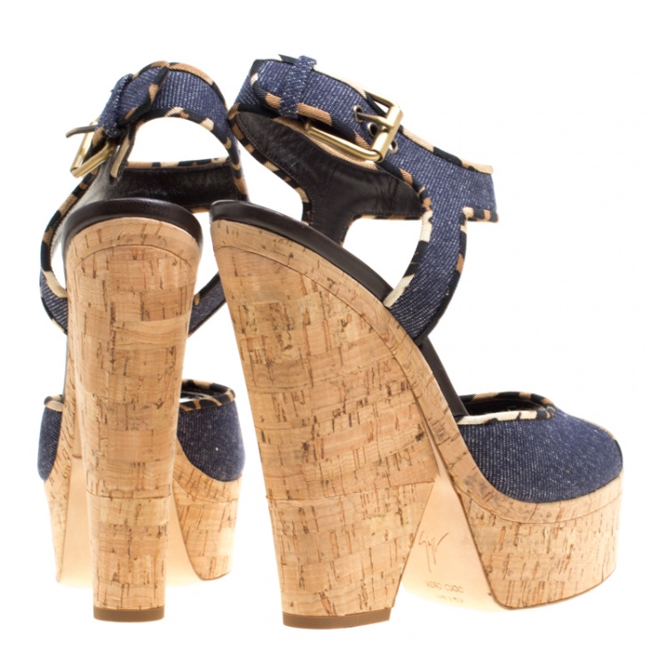 Pre Owned Giuseppe Zanotti Dark Wash Denim Cork Heel Platform Wedge Sandals Size 40