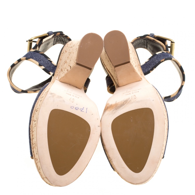 Pre Owned Giuseppe Zanotti Dark Wash Denim Cork Heel Platform Wedge Sandals Size 40